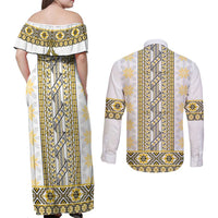 Ukraine Couples Matching Off Shoulder Maxi Dress and Long Sleeve Button Shirt Traditional Braided Rope Belt Yellow Folk Pattern
