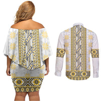 Ukraine Couples Matching Off Shoulder Short Dress and Long Sleeve Button Shirt Traditional Braided Rope Belt Yellow Folk Pattern