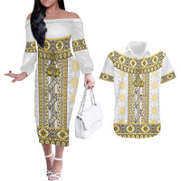 Ukraine Couples Matching Off The Shoulder Long Sleeve Dress and Hawaiian Shirt Traditional Braided Rope Belt Yellow Folk Pattern