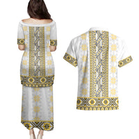 Ukraine Couples Matching Puletasi and Hawaiian Shirt Traditional Braided Rope Belt Yellow Folk Pattern