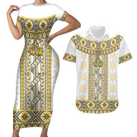 Ukraine Couples Matching Short Sleeve Bodycon Dress and Hawaiian Shirt Traditional Braided Rope Belt Yellow Folk Pattern