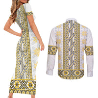 Ukraine Couples Matching Short Sleeve Bodycon Dress and Long Sleeve Button Shirt Traditional Braided Rope Belt Yellow Folk Pattern