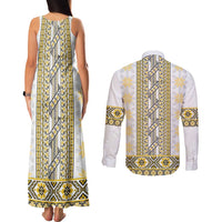 Ukraine Couples Matching Tank Maxi Dress and Long Sleeve Button Shirt Traditional Braided Rope Belt Yellow Folk Pattern