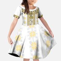 Ukraine Family Matching Off The Shoulder Long Sleeve Dress and Hawaiian Shirt Traditional Braided Rope Belt Yellow Folk Pattern