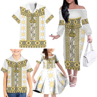 Ukraine Family Matching Off The Shoulder Long Sleeve Dress and Hawaiian Shirt Traditional Braided Rope Belt Yellow Folk Pattern