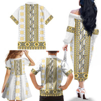 Ukraine Family Matching Off The Shoulder Long Sleeve Dress and Hawaiian Shirt Traditional Braided Rope Belt Yellow Folk Pattern