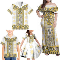 Ukraine Family Matching Off Shoulder Maxi Dress and Hawaiian Shirt Traditional Braided Rope Belt Yellow Folk Pattern