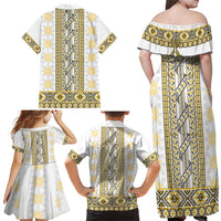Ukraine Family Matching Off Shoulder Maxi Dress and Hawaiian Shirt Traditional Braided Rope Belt Yellow Folk Pattern