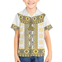 Ukraine Family Matching Off Shoulder Short Dress and Hawaiian Shirt Traditional Braided Rope Belt Yellow Folk Pattern