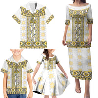 Ukraine Family Matching Puletasi and Hawaiian Shirt Traditional Braided Rope Belt Yellow Folk Pattern