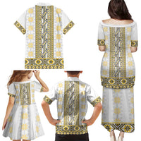 Ukraine Family Matching Puletasi and Hawaiian Shirt Traditional Braided Rope Belt Yellow Folk Pattern