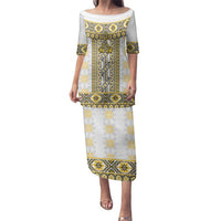 Ukraine Family Matching Puletasi and Hawaiian Shirt Traditional Braided Rope Belt Yellow Folk Pattern