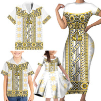Ukraine Family Matching Short Sleeve Bodycon Dress and Hawaiian Shirt Traditional Braided Rope Belt Yellow Folk Pattern
