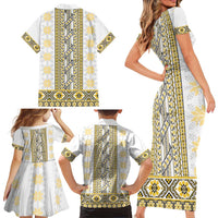 Ukraine Family Matching Short Sleeve Bodycon Dress and Hawaiian Shirt Traditional Braided Rope Belt Yellow Folk Pattern