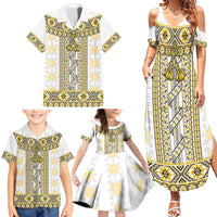 Ukraine Family Matching Summer Maxi Dress and Hawaiian Shirt Traditional Braided Rope Belt Yellow Folk Pattern