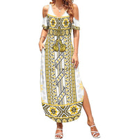 Ukraine Family Matching Summer Maxi Dress and Hawaiian Shirt Traditional Braided Rope Belt Yellow Folk Pattern