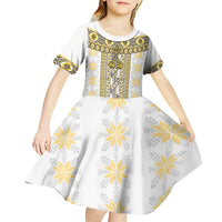 Ukraine Kid Short Sleeve Dress Traditional Braided Rope Belt Yellow Folk Pattern