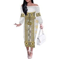 Ukraine Off The Shoulder Long Sleeve Dress Traditional Braided Rope Belt Yellow Folk Pattern