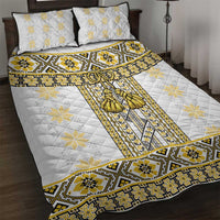Ukraine Quilt Bed Set Traditional Braided Rope Belt Yellow Folk Pattern