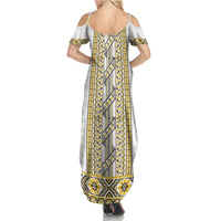 Ukraine Summer Maxi Dress Traditional Braided Rope Belt Yellow Folk Pattern