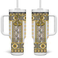 Ukraine Tumbler With Handle Traditional Braided Rope Belt Yellow Folk Pattern
