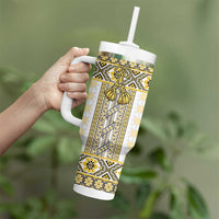 Ukraine Tumbler With Handle Traditional Braided Rope Belt Yellow Folk Pattern