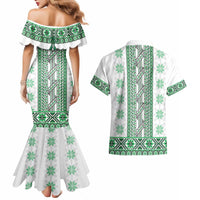 Ukraine Couples Matching Mermaid Dress and Hawaiian Shirt Traditional Braided Rope Belt Green Folk Pattern