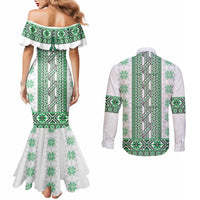 Ukraine Couples Matching Mermaid Dress and Long Sleeve Button Shirt Traditional Braided Rope Belt Green Folk Pattern