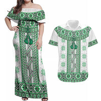 Ukraine Couples Matching Off Shoulder Maxi Dress and Hawaiian Shirt Traditional Braided Rope Belt Green Folk Pattern