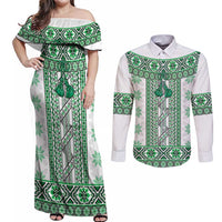 Ukraine Couples Matching Off Shoulder Maxi Dress and Long Sleeve Button Shirt Traditional Braided Rope Belt Green Folk Pattern