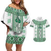 Ukraine Couples Matching Off Shoulder Short Dress and Hawaiian Shirt Traditional Braided Rope Belt Green Folk Pattern