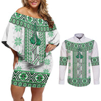 Ukraine Couples Matching Off Shoulder Short Dress and Long Sleeve Button Shirt Traditional Braided Rope Belt Green Folk Pattern