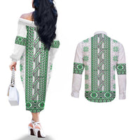 Ukraine Couples Matching Off The Shoulder Long Sleeve Dress and Long Sleeve Button Shirt Traditional Braided Rope Belt Green Folk Pattern
