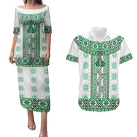 Ukraine Couples Matching Puletasi and Hawaiian Shirt Traditional Braided Rope Belt Green Folk Pattern