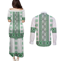 Ukraine Couples Matching Puletasi and Long Sleeve Button Shirt Traditional Braided Rope Belt Green Folk Pattern