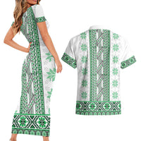 Ukraine Couples Matching Short Sleeve Bodycon Dress and Hawaiian Shirt Traditional Braided Rope Belt Green Folk Pattern