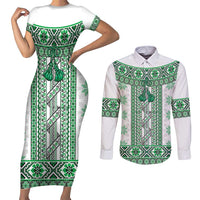 Ukraine Couples Matching Short Sleeve Bodycon Dress and Long Sleeve Button Shirt Traditional Braided Rope Belt Green Folk Pattern
