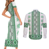 Ukraine Couples Matching Short Sleeve Bodycon Dress and Long Sleeve Button Shirt Traditional Braided Rope Belt Green Folk Pattern