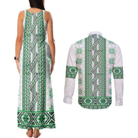 Ukraine Couples Matching Tank Maxi Dress and Long Sleeve Button Shirt Traditional Braided Rope Belt Green Folk Pattern