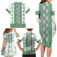 Ukraine Family Matching Long Sleeve Bodycon Dress and Hawaiian Shirt Traditional Braided Rope Belt Green Folk Pattern