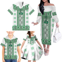 Ukraine Family Matching Off The Shoulder Long Sleeve Dress and Hawaiian Shirt Traditional Braided Rope Belt Green Folk Pattern
