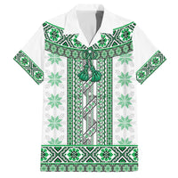Ukraine Family Matching Off The Shoulder Long Sleeve Dress and Hawaiian Shirt Traditional Braided Rope Belt Green Folk Pattern
