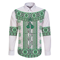 Ukraine Family Matching Off The Shoulder Long Sleeve Dress and Hawaiian Shirt Traditional Braided Rope Belt Green Folk Pattern