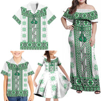 Ukraine Family Matching Off Shoulder Maxi Dress and Hawaiian Shirt Traditional Braided Rope Belt Green Folk Pattern