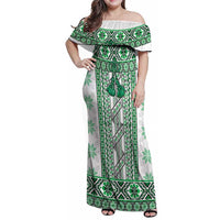 Ukraine Family Matching Off Shoulder Maxi Dress and Hawaiian Shirt Traditional Braided Rope Belt Green Folk Pattern