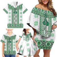 Ukraine Family Matching Off Shoulder Short Dress and Hawaiian Shirt Traditional Braided Rope Belt Green Folk Pattern