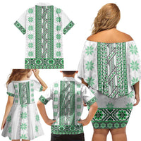 Ukraine Family Matching Off Shoulder Short Dress and Hawaiian Shirt Traditional Braided Rope Belt Green Folk Pattern