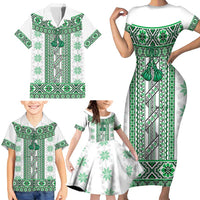 Ukraine Family Matching Short Sleeve Bodycon Dress and Hawaiian Shirt Traditional Braided Rope Belt Green Folk Pattern