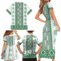 Ukraine Family Matching Short Sleeve Bodycon Dress and Hawaiian Shirt Traditional Braided Rope Belt Green Folk Pattern