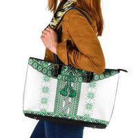Ukraine Leather Tote Bag Traditional Braided Rope Belt Green Folk Pattern